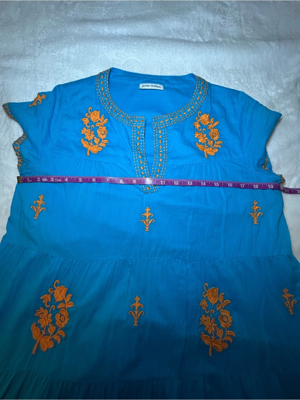 Roller Rabbit Bright Blue Cotton Tiered Dress with Orange Embroidery Size Large - Picture 10 of 13